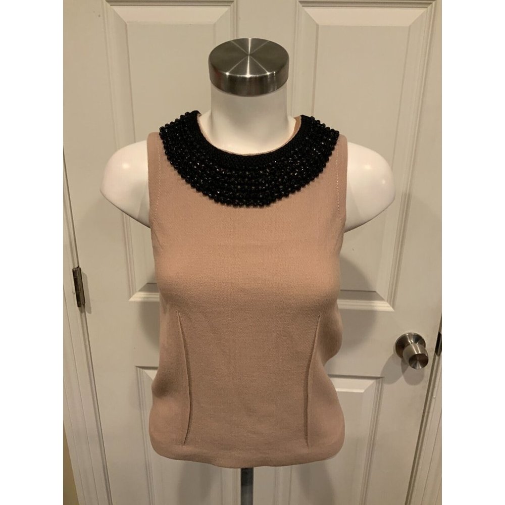 Erika Cavallini Tan Wool Crepe Top w/ Black Jewel Collar, Size 4 (US), 38 (EUR)